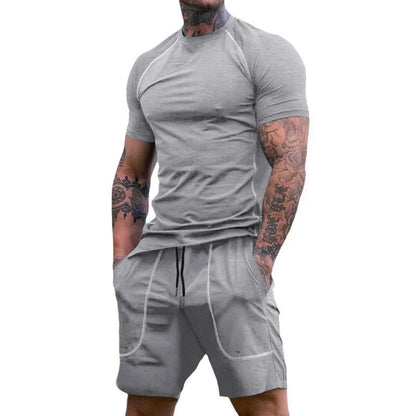 Men's running fitness suit with short sleeve T-shirt and shorts in black polyester, sizes S to XXXL
