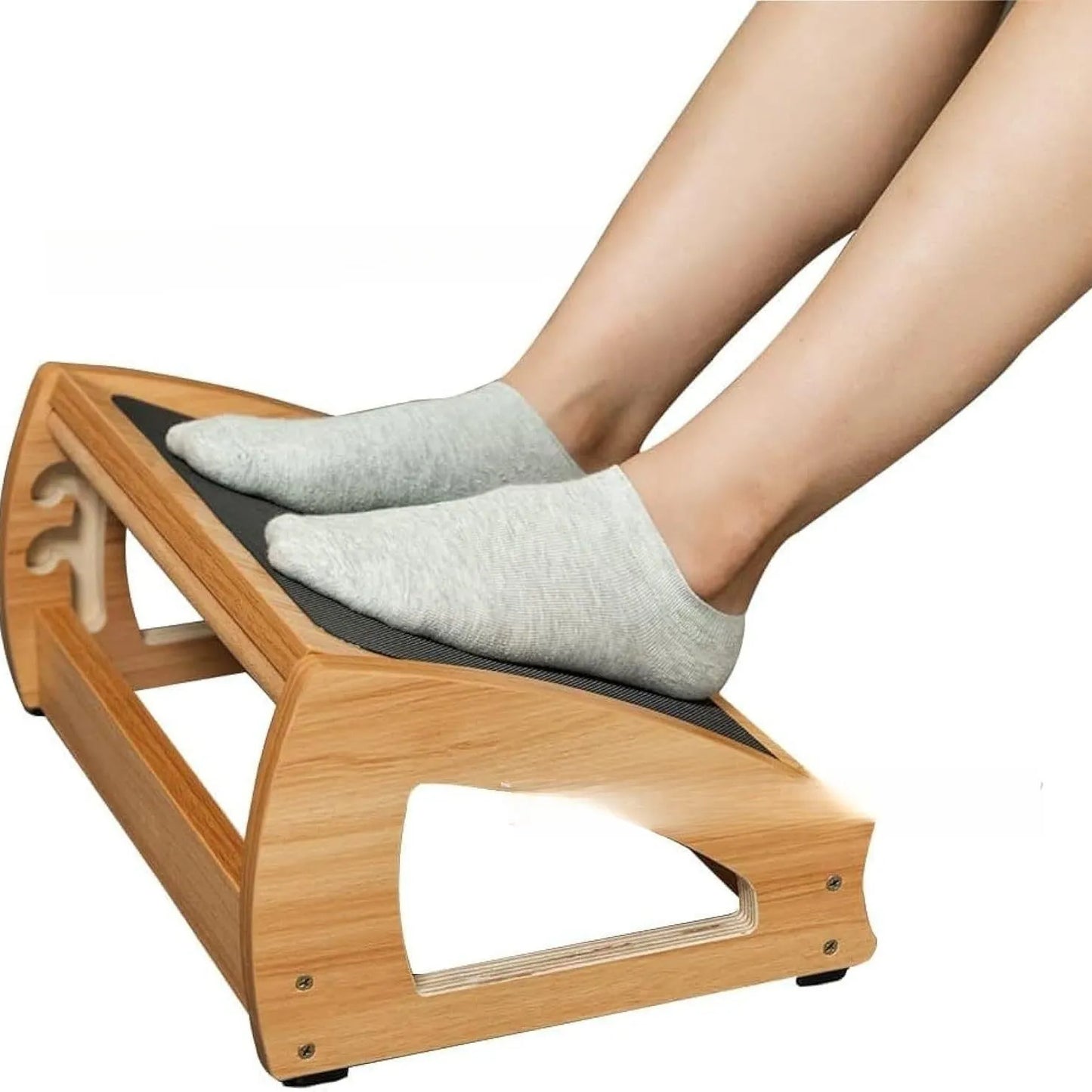 Wooden adjustable bamboo office desk footstool in natural wood colour with modern minimalist design