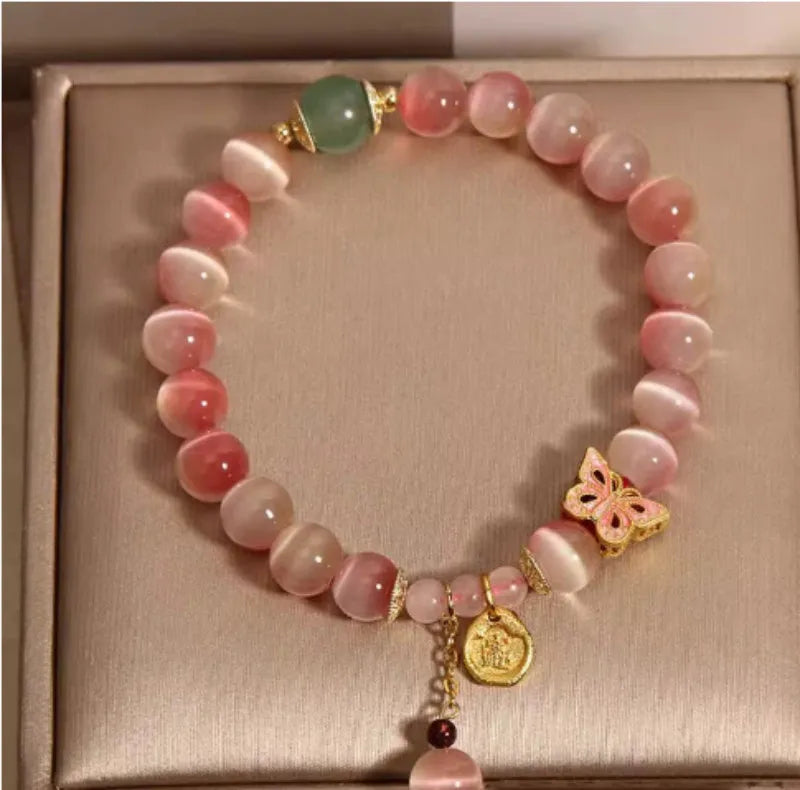 Pink opal butterfly women's bracelet with Chinese-style detailing and electroplated metal