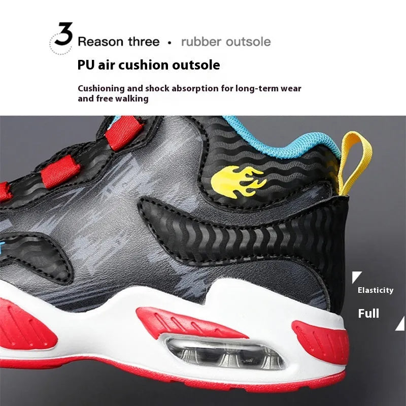 Children's rotating button running shoes in black with PU sole and synthetic leather upper, showing button closure mechanism