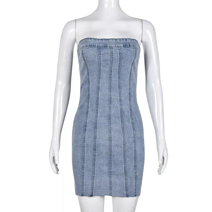 Backless tube denim dress in light blue, pink, and green for summer wear