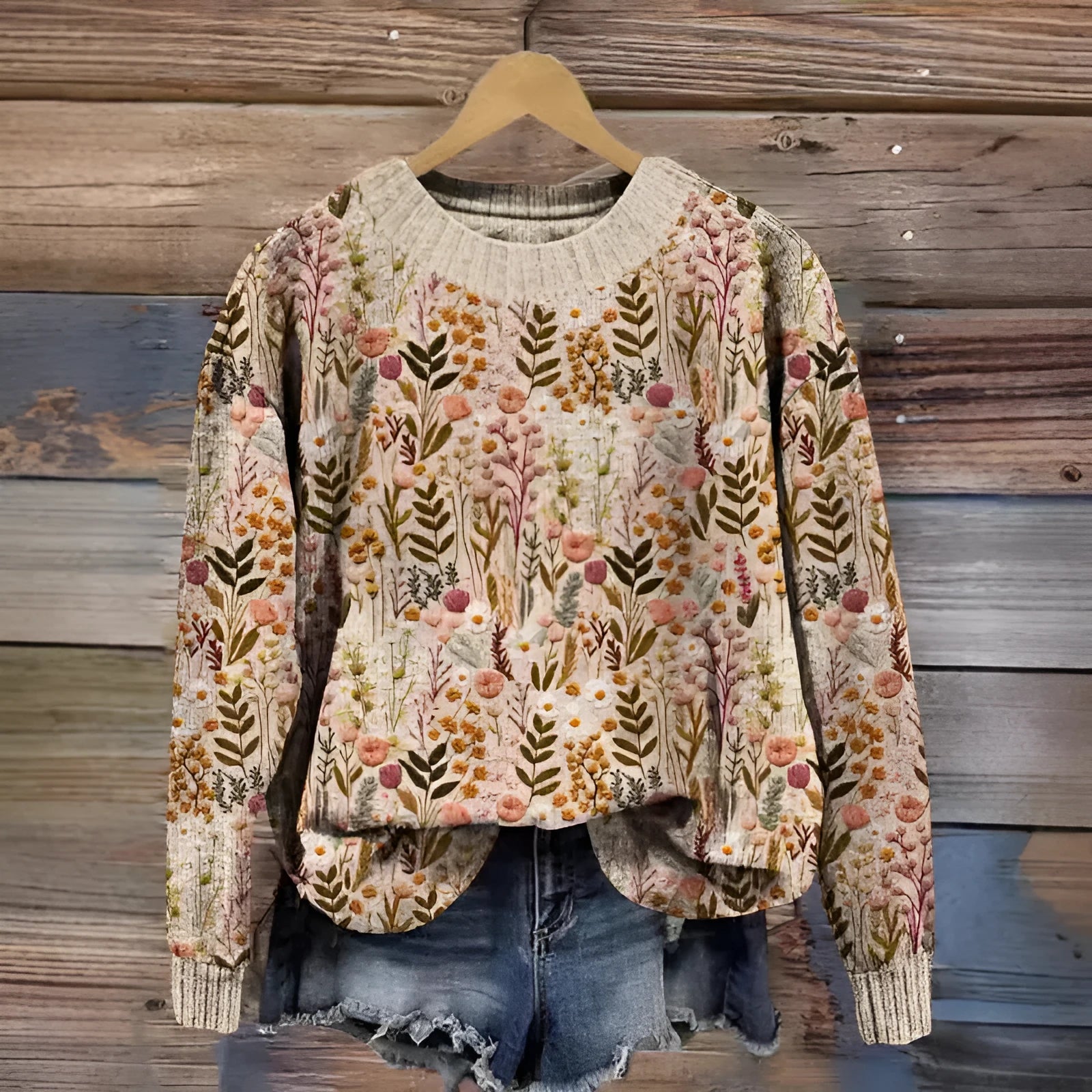 Round neck sweater with digital printed little flower pattern in various colours