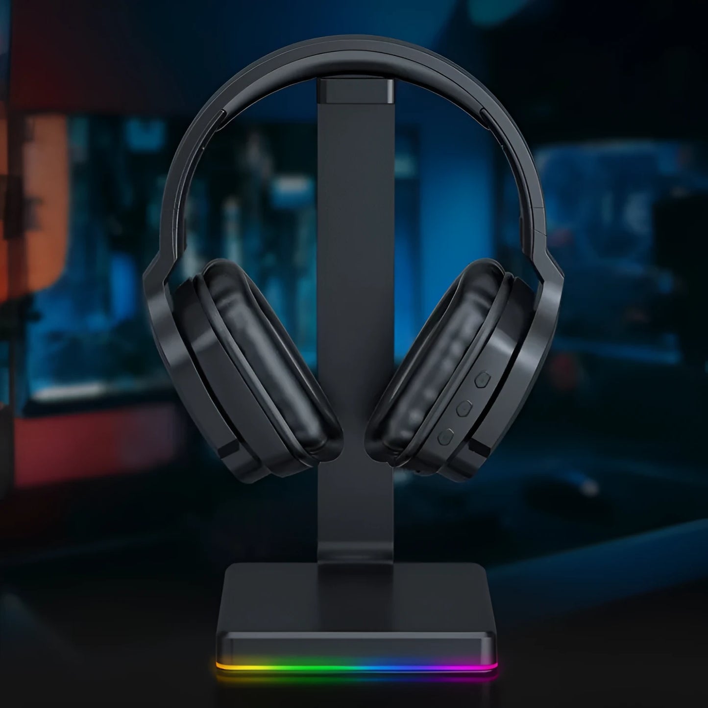 Luminous black wireless headphones with head-mounted design, showing ear cushions and adjustable headband