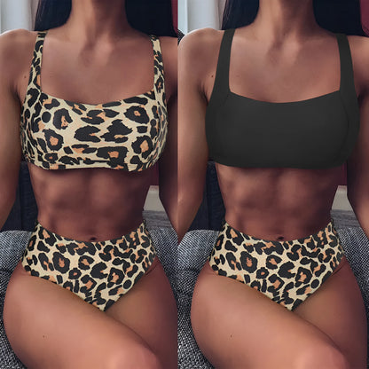 Women's leopard print high waist bikini swimsuit set on a mannequin, showing bra and briefs.
