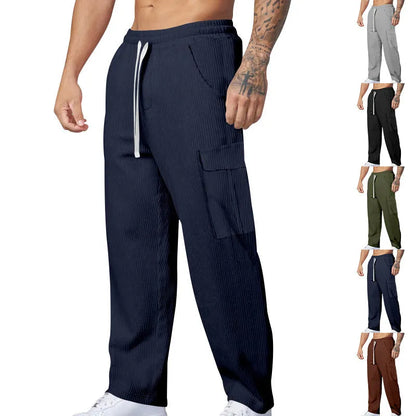 Men's straight-leg corduroy trousers with adjustable waist in navy blue colour