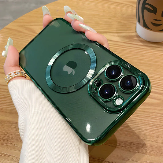 TPU transparent electroplating CD pattern magnetic phone case showing holographic effect on iPhone