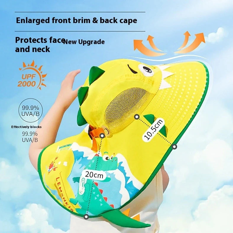 Yellow dinosaur pattern children's sun hat with wide brim for UV protection