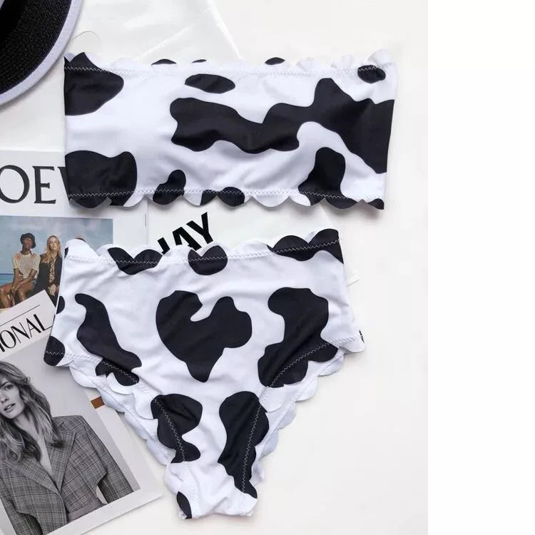 Black and white cow print wrapped breast bikini for women
