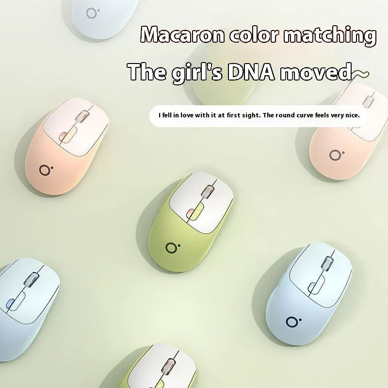 Mute wireless Bluetooth computer mouse in Matcha Green colour on a desk, showing its compact size and 5-button layout.