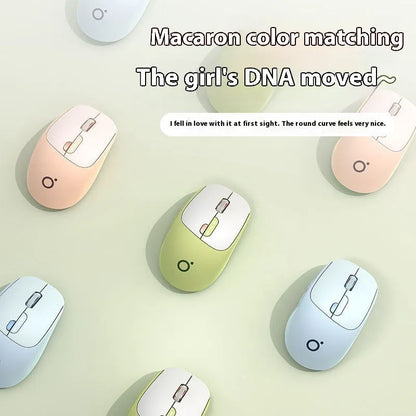 Mute wireless Bluetooth computer mouse in Matcha Green colour on a desk, showing its compact size and 5-button layout.
