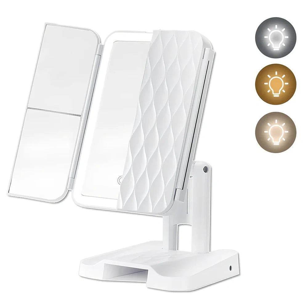 White LED makeup mirror with folded design showing rotation mechanism and magnification lenses