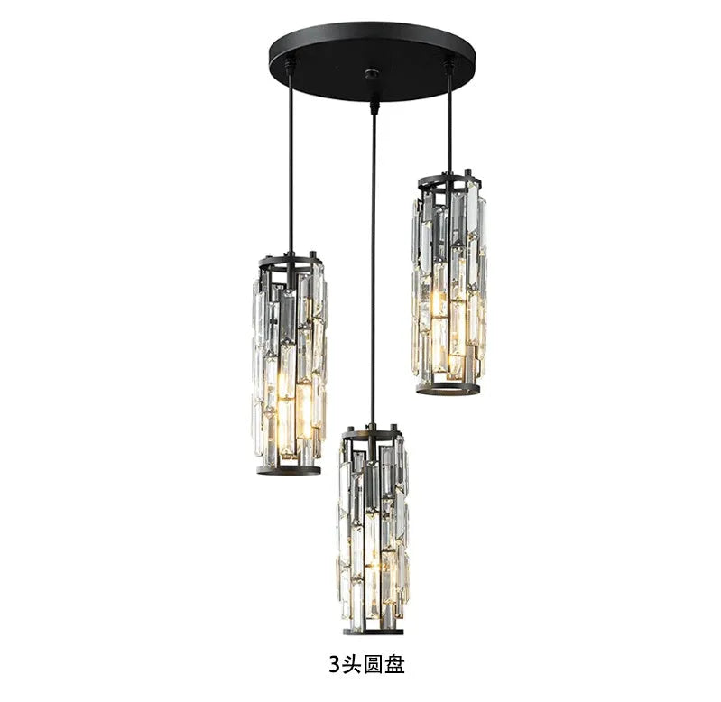 Industrial style crystal droplight with single LED head in black, gold, or chrome finish