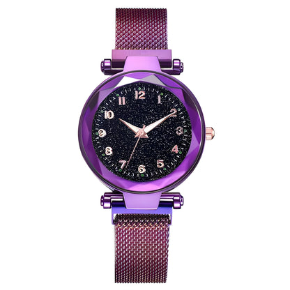 Luminous starry sky quartz watch with 20.5mm round dial, alloy strap, and stainless steel watch-bottom in five colours