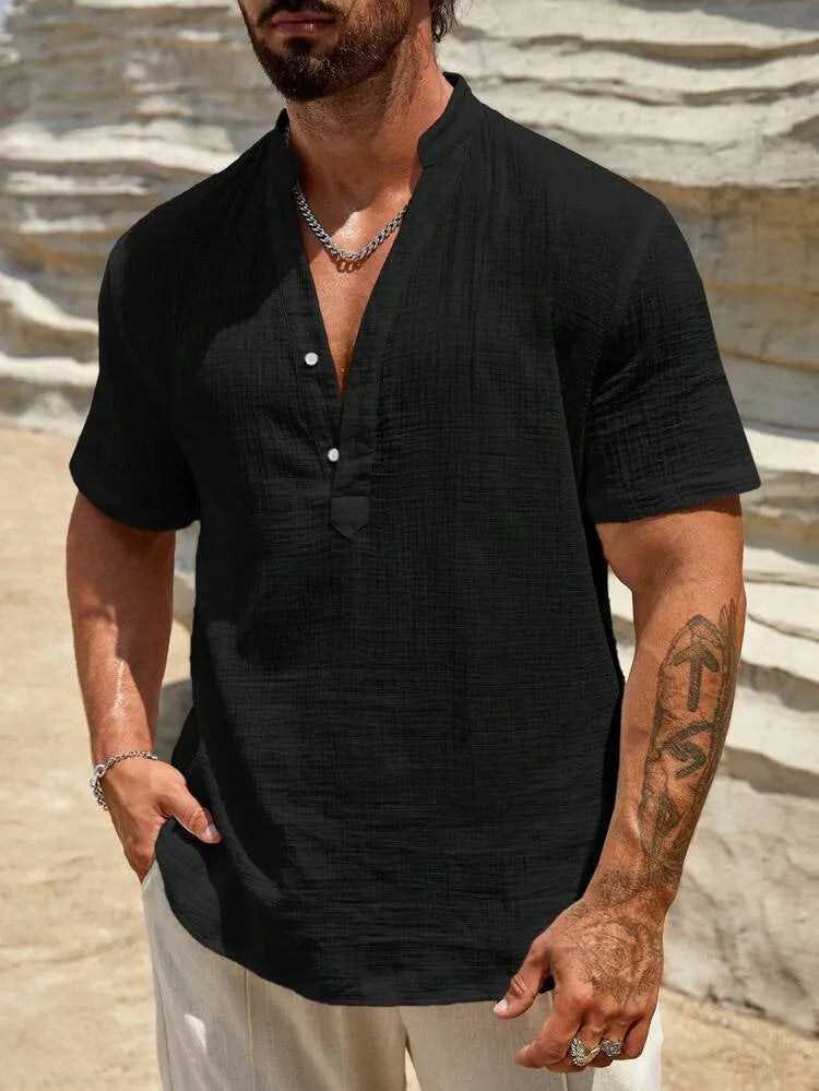 Men's solid colour short-sleeved shirt with stand collar, thin polyester blend fabric, available in black, white, light blue, khaki, navy blue, red, brown.