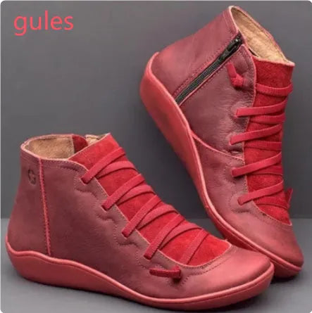 Women's casual booties with wedge heel and round toe in various colours like black and leopard print, showing rubber sole.