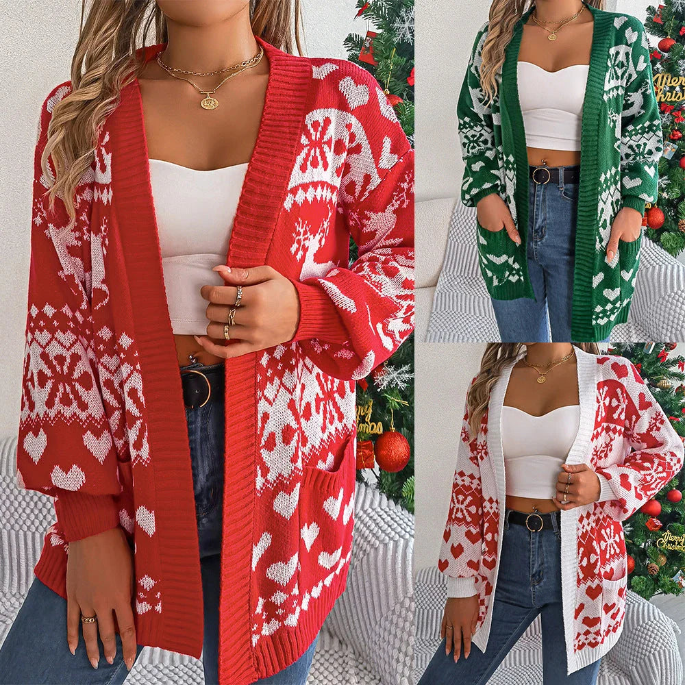 Cozy knit Christmas sweater for women with oversized deer print design and lantern sleeves
