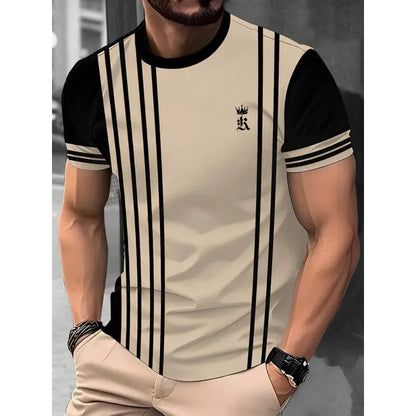 Men's striped casual T-shirt with digital 3D printing in loose fit short sleeve design