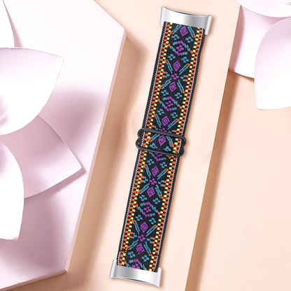 Printed elastic watch strap for Fitbit Charge 6 with adjustable sizing and multiple colour options