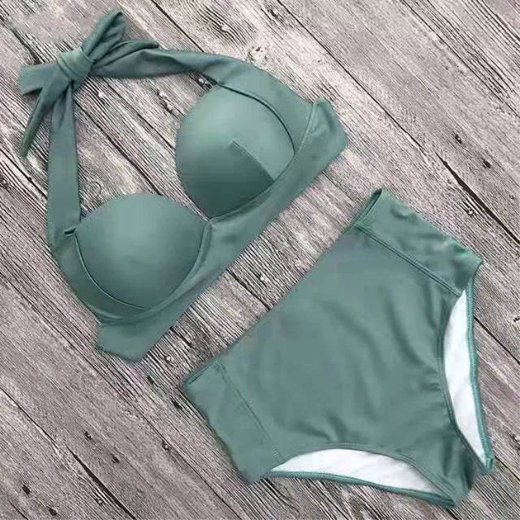 High waist European and American bikini in solid colors with chest pad