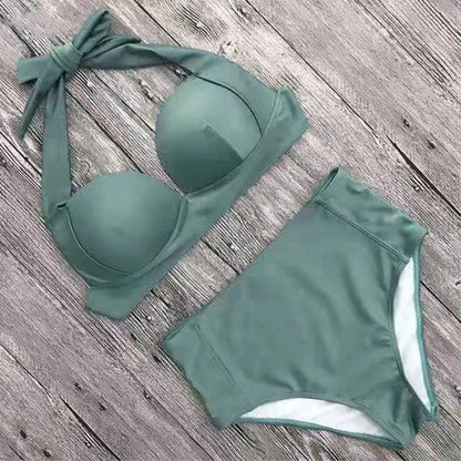 High waist European and American bikini in solid colors with chest pad