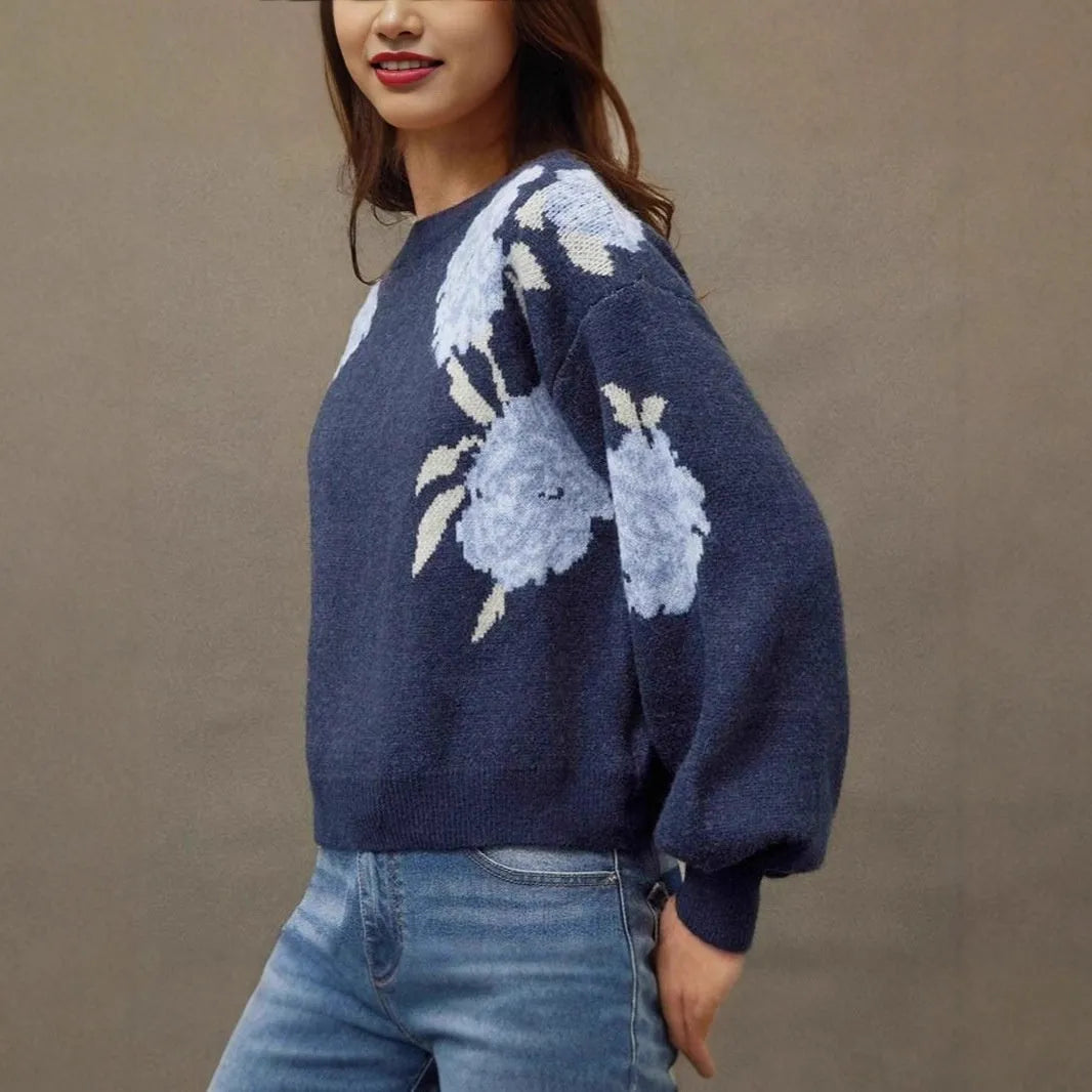 Sapphire blue women's off-neck pullover with woven floral jacquard pattern, loose fit with 50cm length