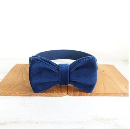 A stylish dark blue velvet pet collar with a matching bow tie accessory, perfect for dressing up your dog