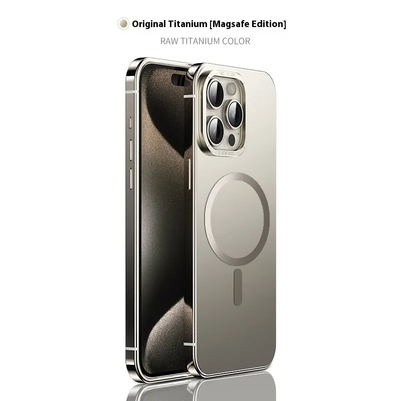 Magnetic suction iPhone case in Desert Gold with stainless steel and acrylic half-pack design and laser finish.