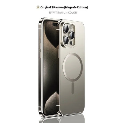 Magnetic suction iPhone case in Desert Gold with stainless steel and acrylic half-pack design and laser finish.