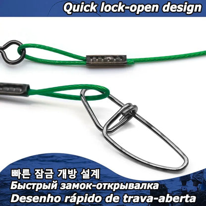 Green, black, and red 54cm steel wire fishing accessories with double buckle pins on fishing tackle