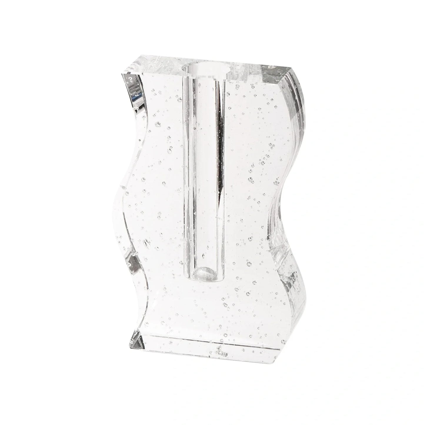 Transparent crystal vase with internal bubble formations measuring 18cm height and 12cm diameter