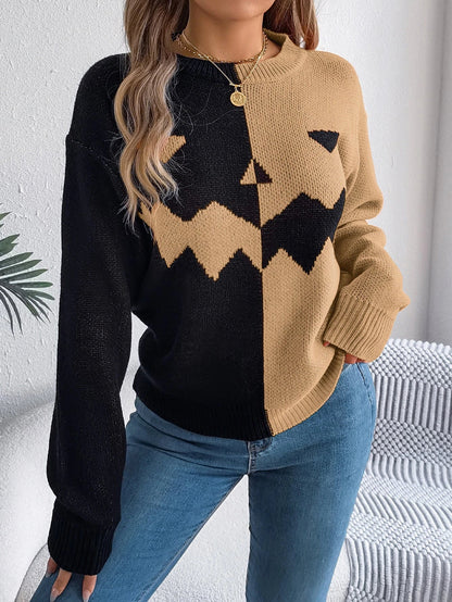 Cozy Halloween pullover sweater with ghost pattern in orange, khaki, and grey colors