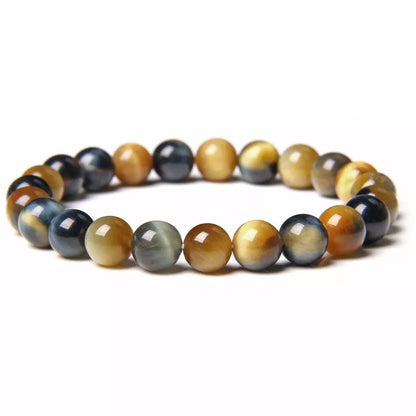 Handmade 8mm blue tiger stone couple bracelet with gold-plated inlay