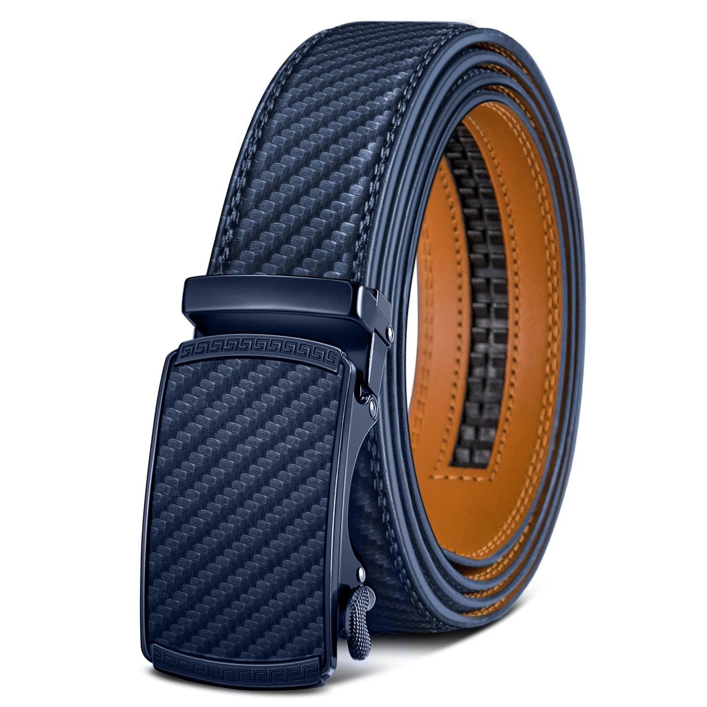 Men's brown PU leather belt with an automatic alloy buckle on a textured background.
