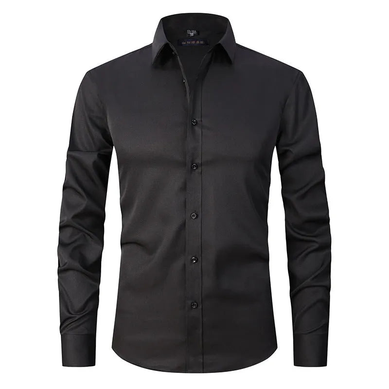 Men's stretch long sleeve work shirt in polyester, available in multiple colours and sizes S to 3XL for weights 70-130kg.
