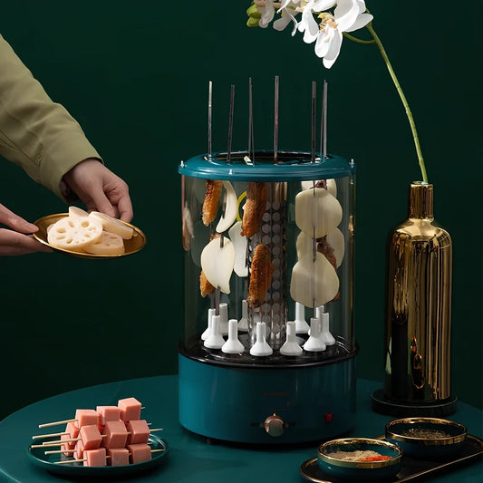 Blue automatic skewers machine with ceramic heating element and built-in oil receiver for smoke-free indoor grilling