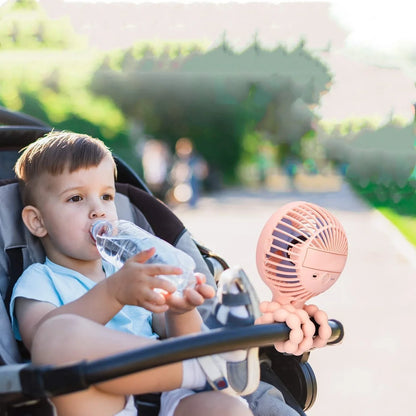 Cute animal-themed mini desk fan with 3 wind speeds, USB rechargeability, and LED lights for strollers, beds, and outdoor use