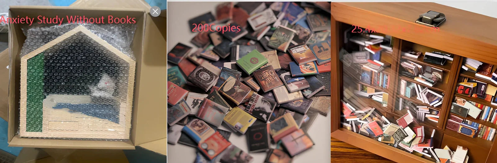 Wooden antique finish bookshelf ornament with 200 small books, 25.4 cm tall for decompression