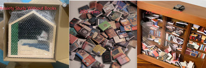 Wooden antique finish bookshelf ornament with 200 small books, 25.4 cm tall for decompression