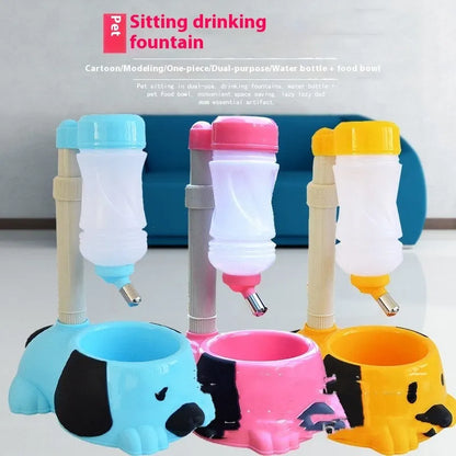 Adjustable height pet drinking bowl in blue, pink, and yellow colours with rod lifting mechanism