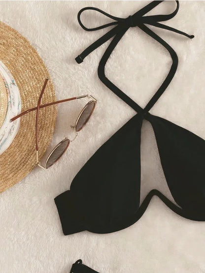 Women's halter neck bikini in solid colour with briefs-style bottoms