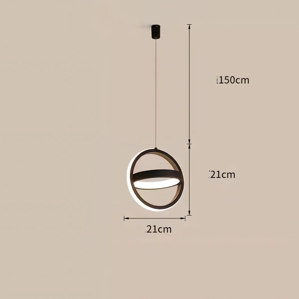 Nordic iron pendant lamp in black circle shape, 210mm diameter, adjustable 1m height with LED white light for bedroom