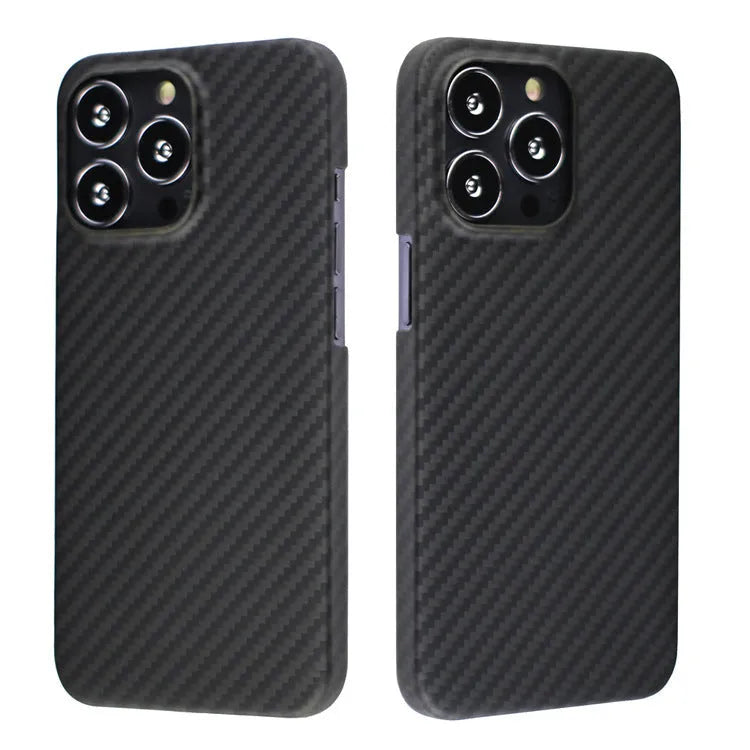 Dull black Kevlar fibre iPhone case with a stripe design on the back, shown on an iPhone model.