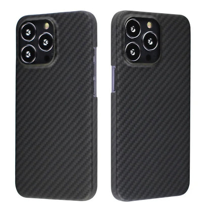 Dull black Kevlar fibre iPhone case with a stripe design on the back, shown on an iPhone model.