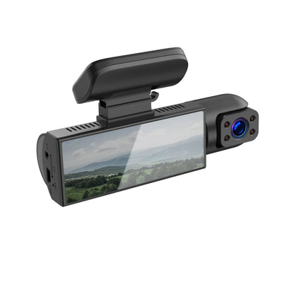 Dual-lens HD driving recorder with 3.5-inch screen showing vehicle footage
