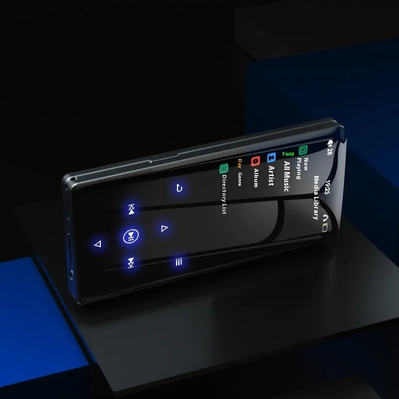 Black portable media player with 2.4 inch screen, Bluetooth, FM radio, and 16GB memory