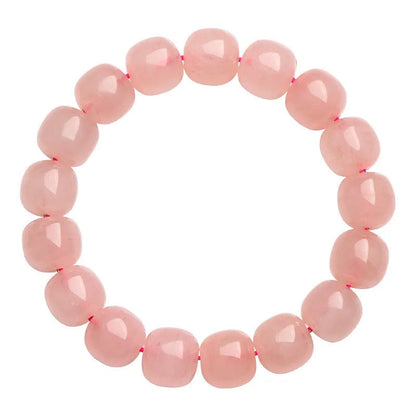 Natural crystal barrel shaped bead bracelet with 19 pink 8-10mm polished crystal beads in geometric pattern
