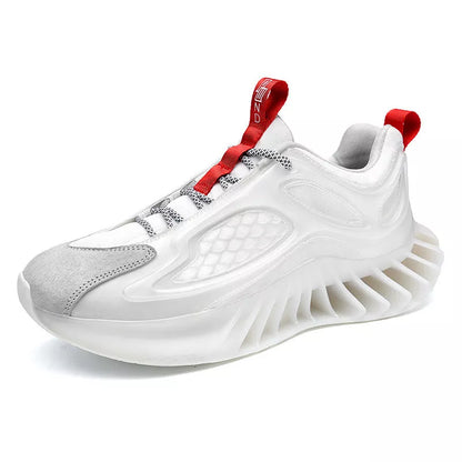 Large size blade men's running shoes with hollow out design in white, black, and blue orange