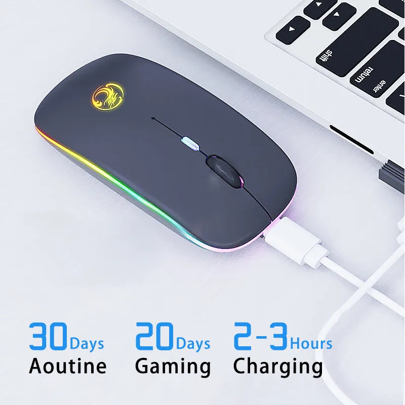 Black or white wireless silent mouse with charging light, dimensions 112x57x25mm, showing adjustable DPI switch.
