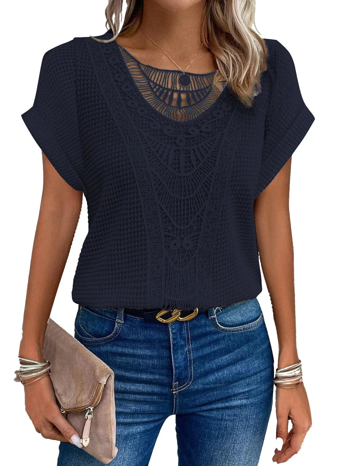 Women's short-sleeve tee in various colors, featuring a unique hollow-out design and soft, comfortable polyester fabric