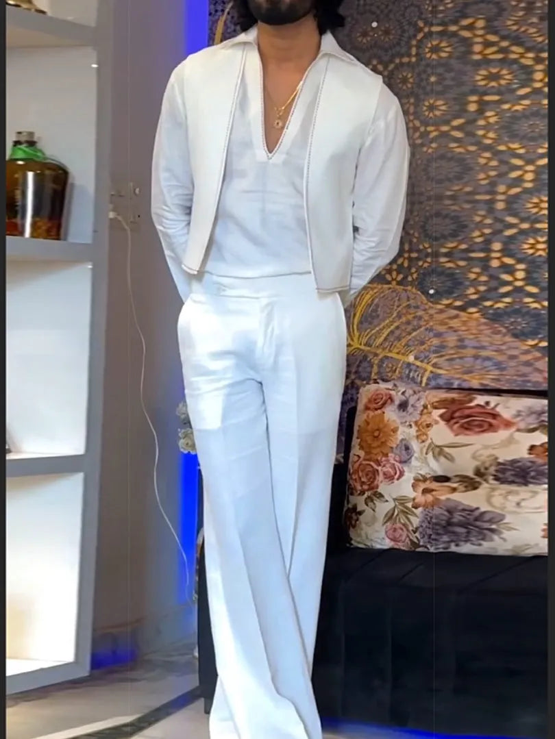 White three-piece polyester outfit showing V-neck shirt, sleeveless vest, and full-length trousers